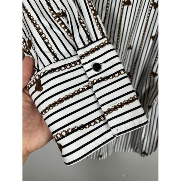 Chicos Striped Top XL White Classic Resort Chain Pattern Preppy Coastal Neutral - Picture 3 of 11